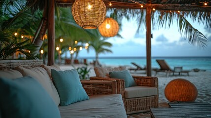 Tropical beachside lounge area at twilight
