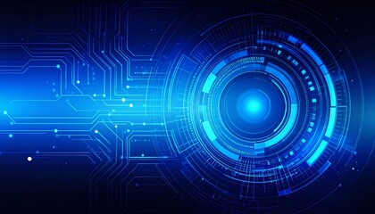 Fototapeta premium An abstract, futuristic background featuring a glowing blue circular interface with intricate circuit board patterns, data streams, and connecting lines, suggesting advanced technology.