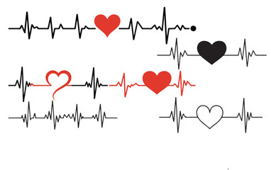 heart bit line set vector silhouettes Heart Rate Monitor Waveforms with Red and Black Hearts, Heart Rate Monitor Waveforms with Heart Icons, Heart Rate Monitor with Different Heart Icons