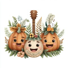 Smiling Pumpkins and Banjo in Autumn Floral Setting