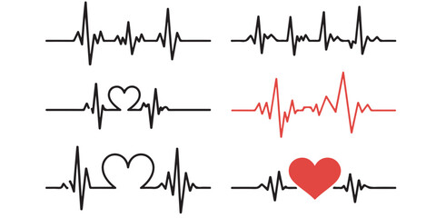 heart bit line set vector silhouettes Heart Rate Monitor Waveforms with Red and Black Hearts, Heart Rate Monitor Waveforms with Heart Icons, Heart Rate Monitor with Different Heart Icons