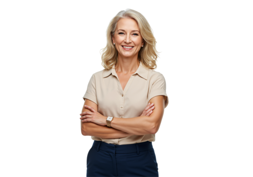 Confident Middle-Aged Woman with Blonde Hair Smiling, Arms Crossed, in a Professional Attire Against a Solid Black Background