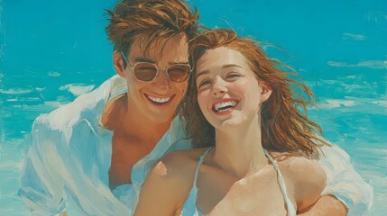 A happy young couple embraces joyfully on a sunny beach du a summer vacation romance.