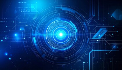 An abstract, futuristic background featuring a glowing blue circular interface with intricate circuit board patterns, data streams, and connecting lines, suggesting advanced technology.