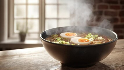 A steaming bowl of ramen with soft-boiled eggs sits on a wooden table near a window with greenery - Powered by Adobe