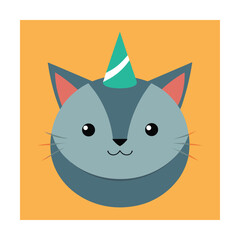 Obraz premium Cute cat head wearing party hat with playful illustration in a colorful square
