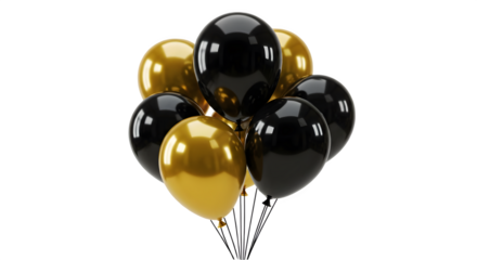 A bunch of black and gold balloons. Perfect for a celebration!