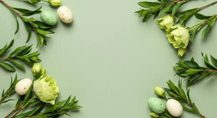 Overhead view of green sprigs eggs and blossoms on a light green surface