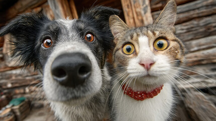 Dog takes a hilarious selfie with surprised cat photobombing in the background showing exaggerated emotions