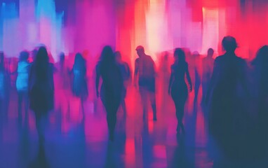 Fototapeta premium Neon Night Crowd Blurry Figures Dance