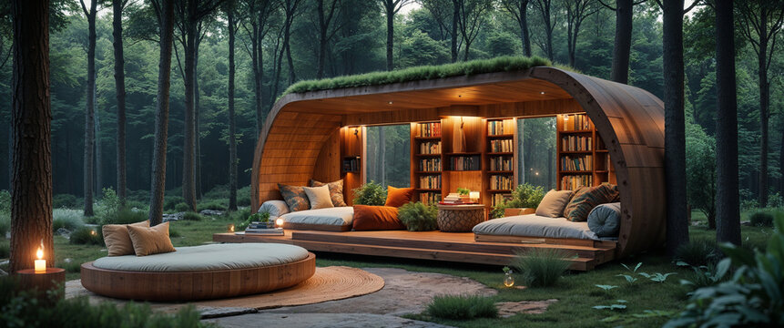 Serene outdoor reading nook nestled in a lush forest setting with comfortable seating and bookshelves for relaxation.