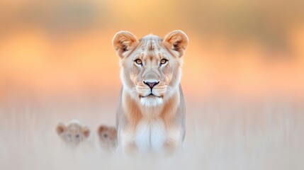 Obraz premium Majestic lioness, golden hour, pride