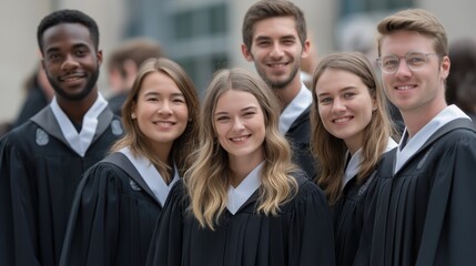 Fototapeta premium Group of smiling students in graduation attire stand together, celebrating their academic achievements outside a university building on a bright day