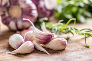 Close-up Garlic Cloves and Bulbs with rosemary salt and pepper