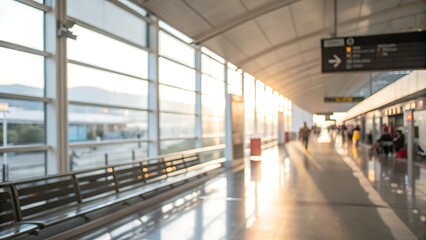 Passengers move through airport terminal blurred background bright environment travel scene