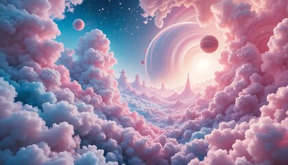  Dreamlike nebula with swirling clouds and a distant, glowing planet framed by cosmic structures.