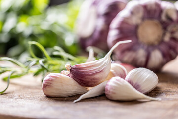 Close-up Garlic Cloves and Bulbs with rosemary salt and pepper