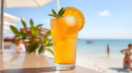 Refreshing drink with ice and citrus slice on a sunny day near the beach