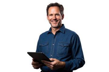 Man Holding Tablet Smiling Against Transparent Background