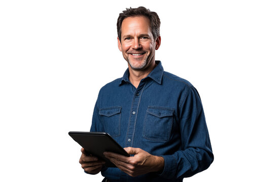 Man Holding Tablet Smiling Against Transparent Background