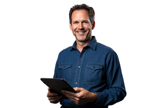 Man Holding Tablet Smiling Against Transparent Background