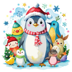 a watercolor penguin in a Santa hat, nestled among other watercolor winter characters on white  background