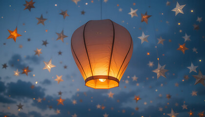 Illuminated sky lantern surrounded by star shaped lights against a twilight blue background