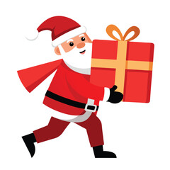 Santa Claus carrying a large red gift with a white bow on his back as he walks on white  background