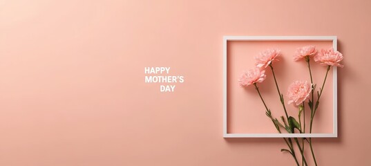 Elegant minimalist Mother's Day celebration with pink carnations in white frame against soft peach background, conveying heartfelt message and warm atmosphere for honoring mothers
