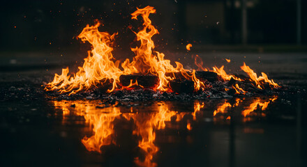 Burning Campfire Reflection on Ground at Night