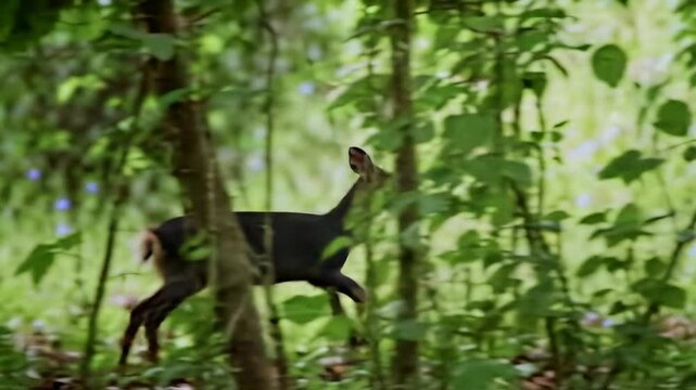 A small blue duiker gracefully navigates through a lush green forest, surrounded by vibrant foliage and soft sunlight filtering through the trees - blue duikers