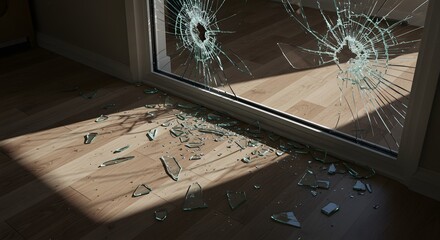 Broken Window with Glass Shards on Floor