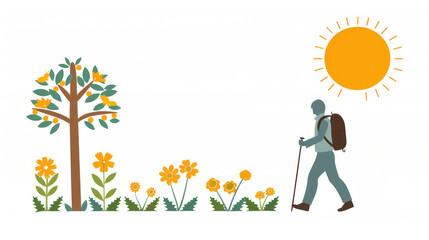 Nature Walk Adventure with Hiker, Tree, Sun, and Colorful Flowers in a Scenic Outdoor Landscape