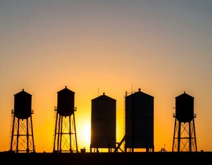 Silhouetted water towers at sunset.  Dramatic industrial scene.