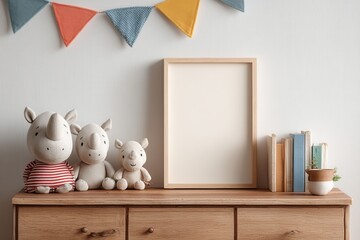 Cute plush toys and empty frame on wooden shelf in cozy children's room decorated with colorful flags