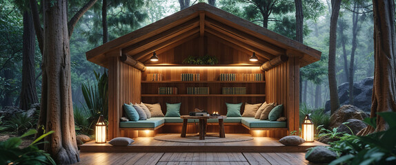 Fototapeta na wymiar Serene wooden reading nook nestled amongst lush greenery offering a relaxing space with books and soft lighting
