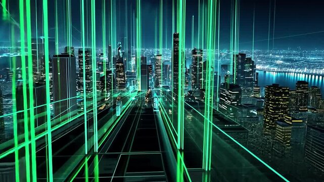 Creative futuristic city skyline with neon light trails at night