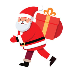 Santa Claus carrying a large red gift with a white bow on his back as he walks on white  background