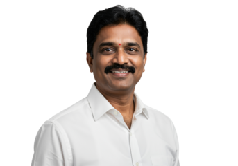 Confident Middle-Aged South Asian Man in Formal Attire Smiling Against a Black Background, Exuding Professionalism and Approachability