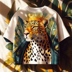 Fotobehang T-shirt with crowned leopard in tropical leaves © Oleh