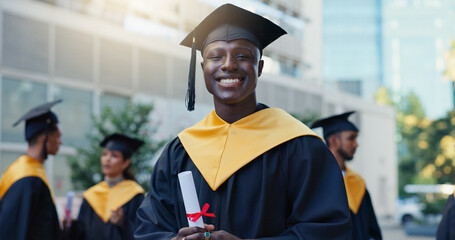 Man, student and graduation with diploma in city, education and pride for achievement at college...