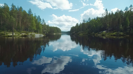 Serene Forest Lake with Calm Water Surrounded by Lush Greenery and Sky Reflections in the Tranquil Wilderness Environment