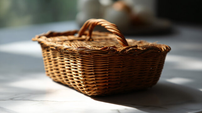 Vintage woven caning basket commit on a white surface.