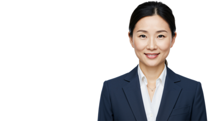 Confident Asian Businesswoman in Professional Attire, Smiling at the Camera Against a Black Background, Showcases Strength and Professionalism