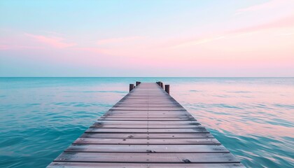 Fototapeta premium Serene wooden pier extending into a tranquil turquoise sea under a pastel sunset sky. Perfect for travel, relaxation, and serenity themes.