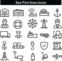 Sea Port Area Icons Set: Maritime, Shipping, and Dockside Symbol Collection