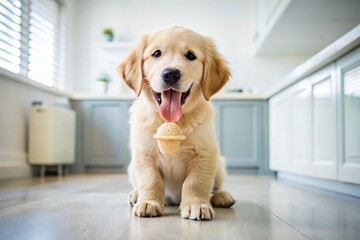 Adorable Golden Retriever Puppy Enjoying Ice Cream in Cozy Kitchen - Stock Photo