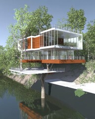 Modern two-story glass and wood structure perched atop a tree above water reflecting the building and surrounding foliage in daylight.