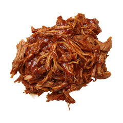 Obraz premium Delicious, savory pulled pork glistening with barbecue sauce, ready to be savored. The tender meat is rich and flavorful