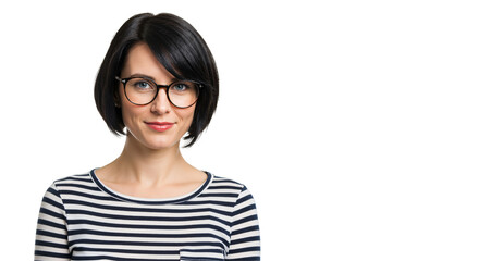 Confident Young Caucasian Woman with Short Black Hair and Glasses, Wearing Striped Top, Against a Black Background, Displaying a Thoughtful Expression